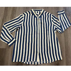 Kule Women's White Blue Stripe Long Sleeve Button Up Silk Top Blouse Sz XL